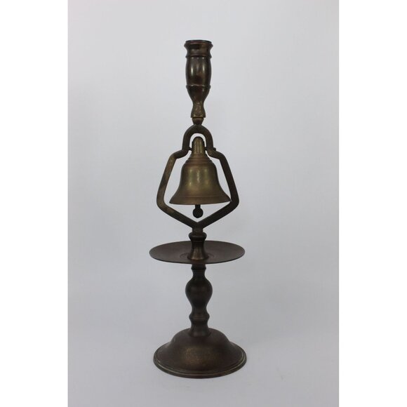 Vintage English Brass Tavern Candlestick Holder with Service Bell, Two Tier - Picture 2 of 10